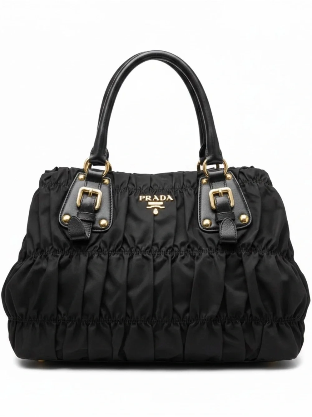 Prada Black Gathered Nylon Tote with Gold Hardware and Matching Wallet